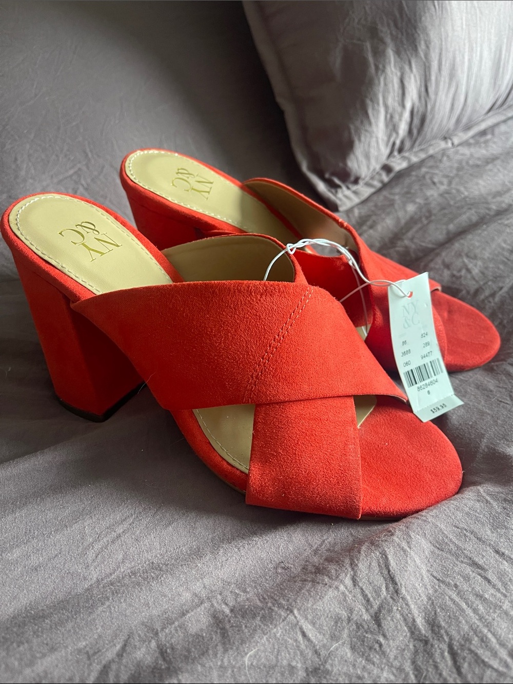 New York & Company Red/Orange Suede Crisscross Block Heel Mules